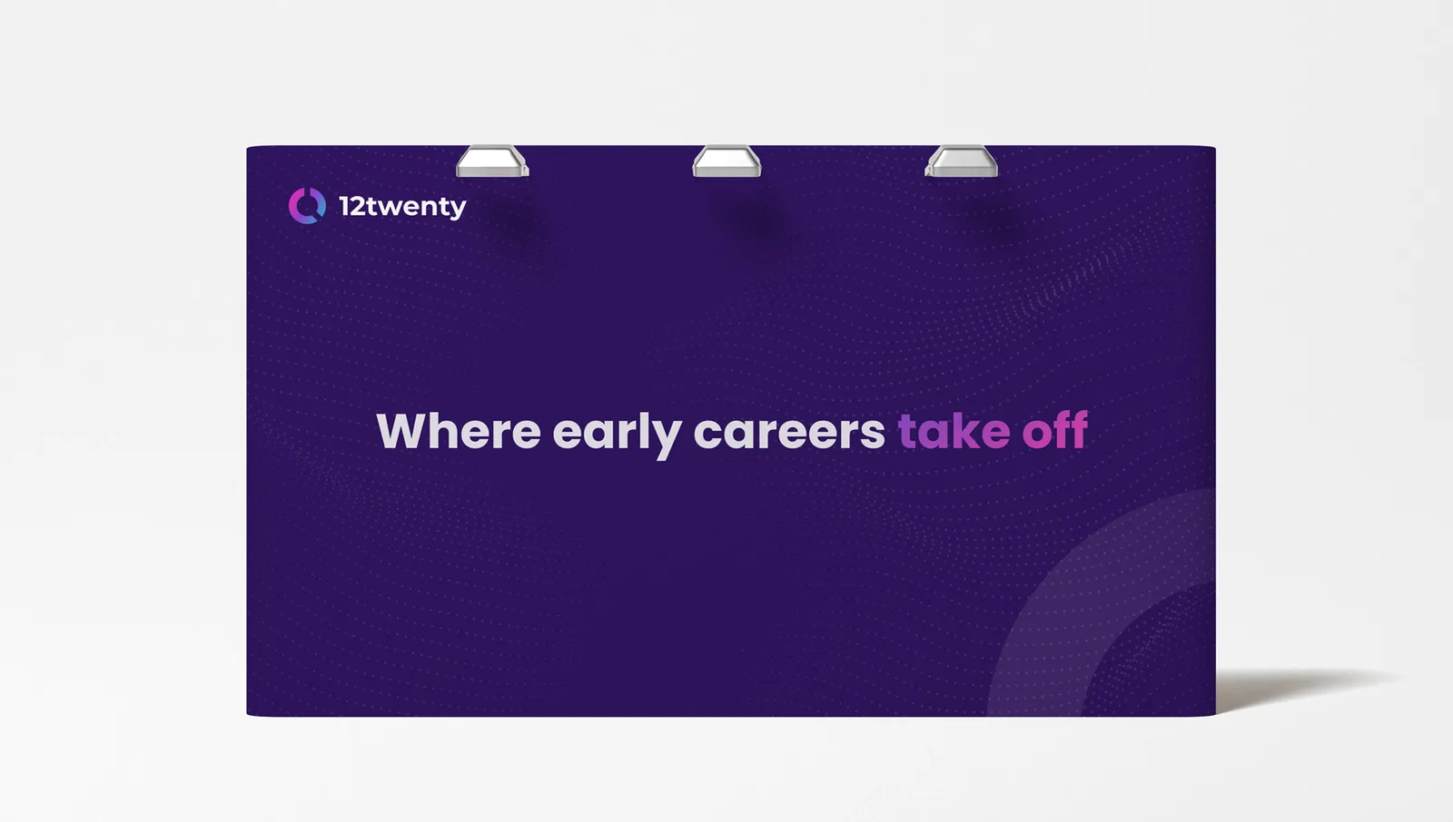 This is an example of a 10x10 booth backdrop rebrand for a recruiting SaaS company. A design preview render, not a real event.